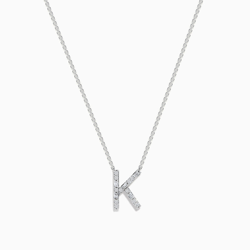 A 14 Karat White Gold Initial K Diamond Necklace featuring a sparkling diamond-encrusted K pendant on a delicate chain.