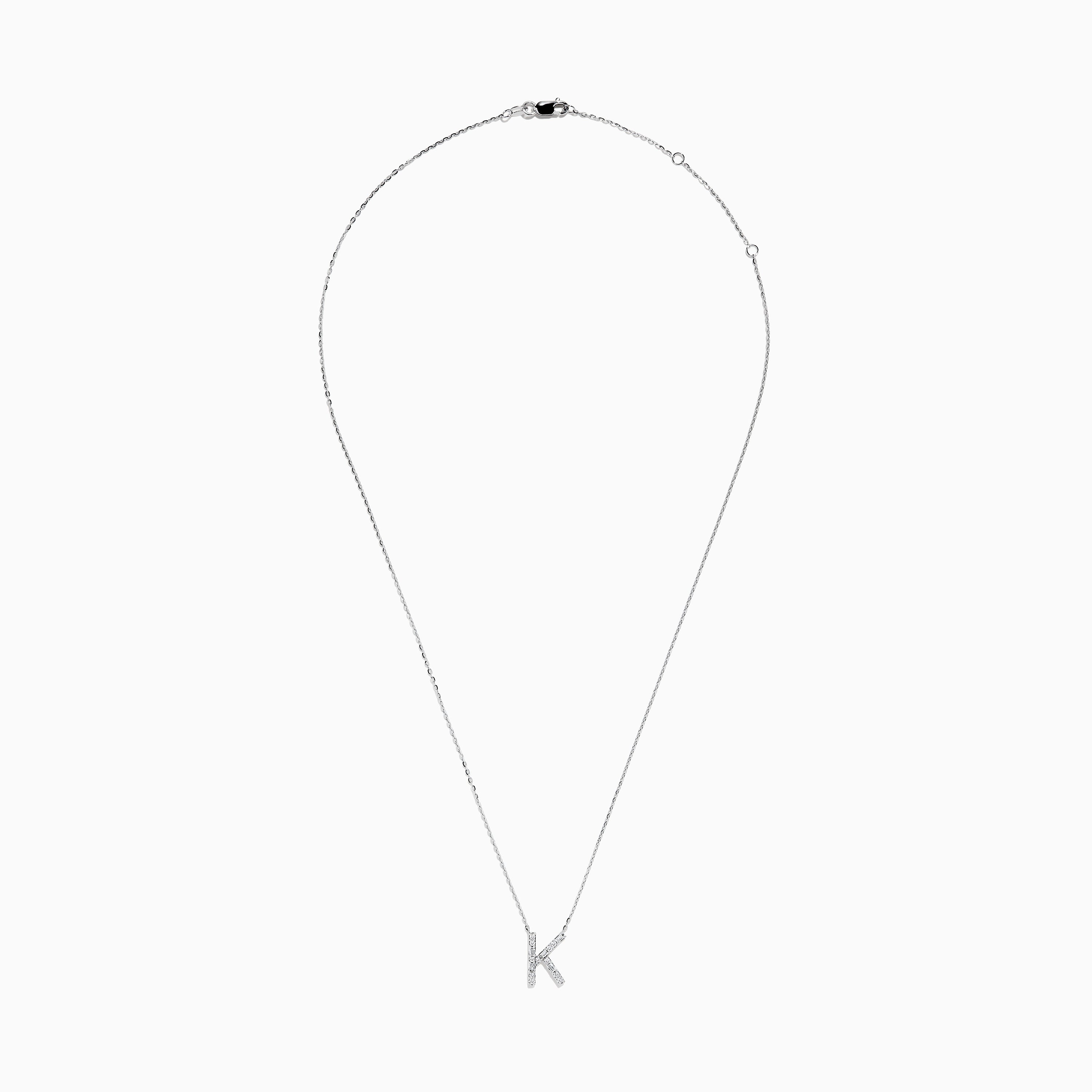 A 14 Karat White Gold Initial K Diamond Necklace featuring a sparkling diamond-encrusted K pendant on a delicate chain.