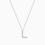 The 14K White Gold Diamond Initial L Pendant features sparkling diamonds on a delicate white gold chain, set against a plain white background.
