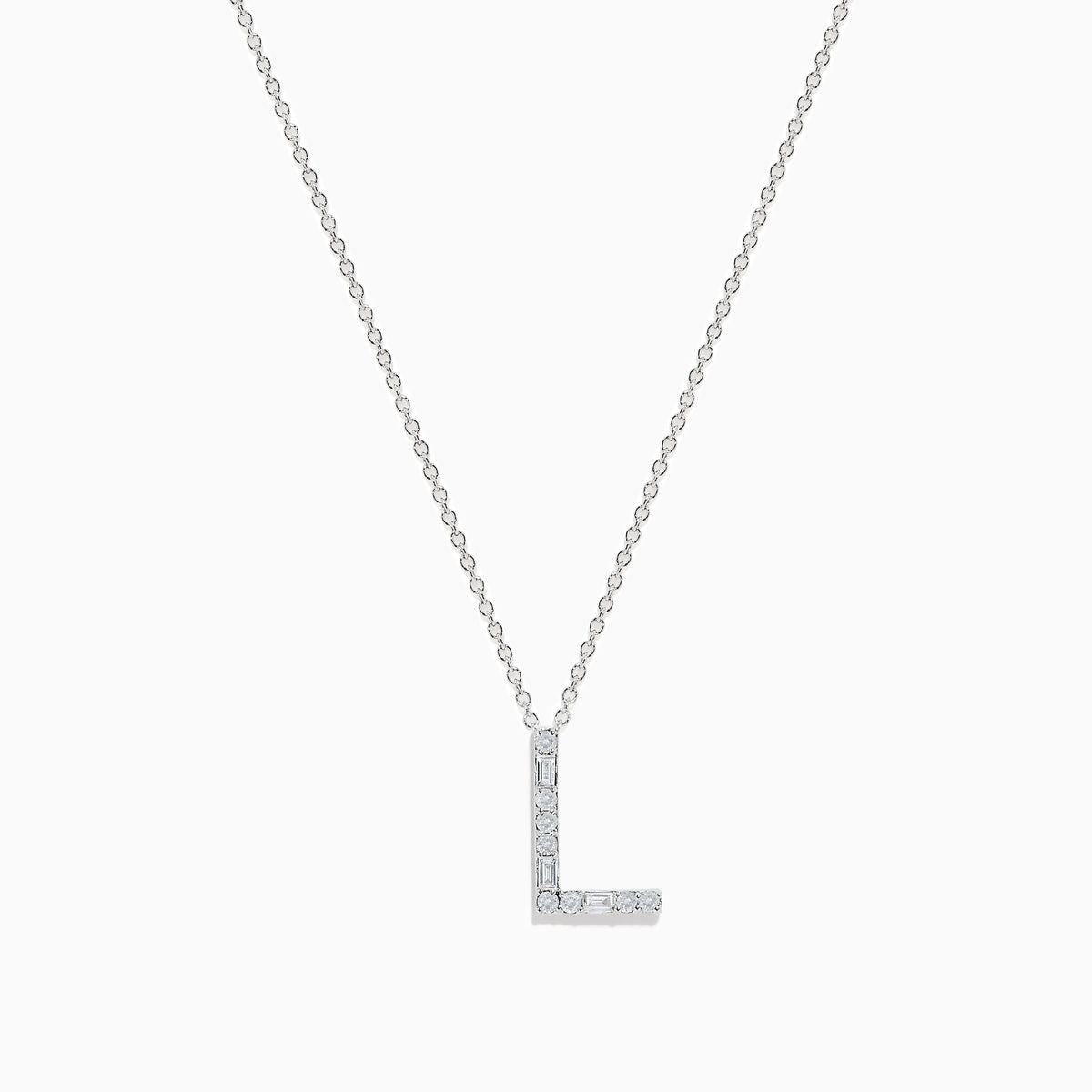 The 14K White Gold Diamond Initial L Pendant features sparkling diamonds on a delicate white gold chain, set against a plain white background.
