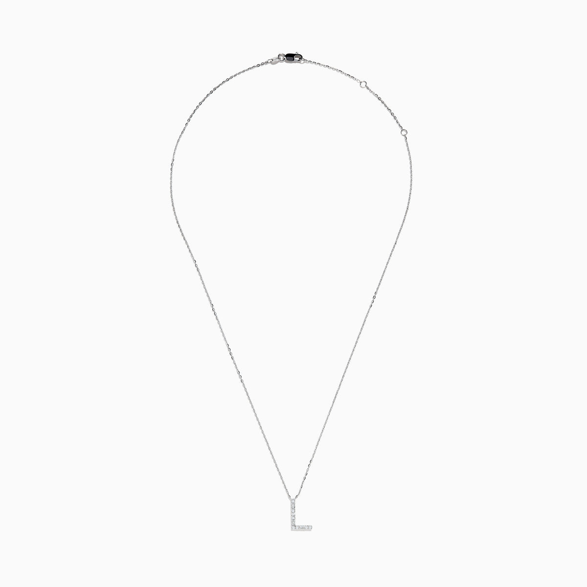 The 14K White Gold Diamond Initial L Pendant features sparkling diamonds on a delicate white gold chain, set against a plain white background.