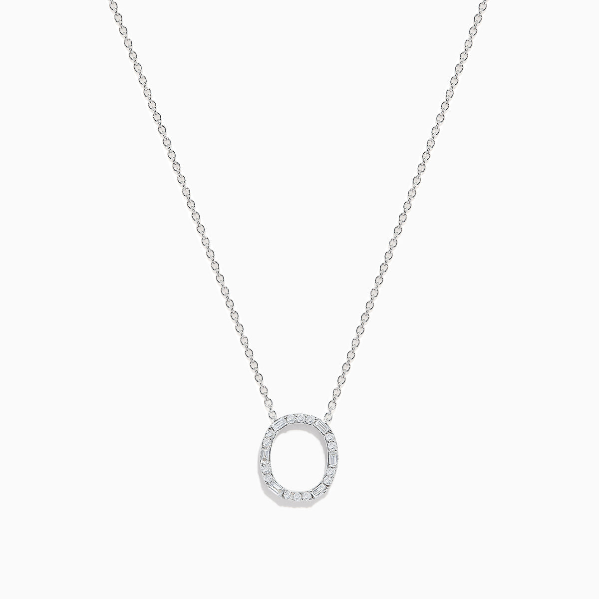 A 14K White Gold Diamond Initial O Pendant hangs delicately on a chain, featuring sparkling diamonds and displayed against a plain white background.