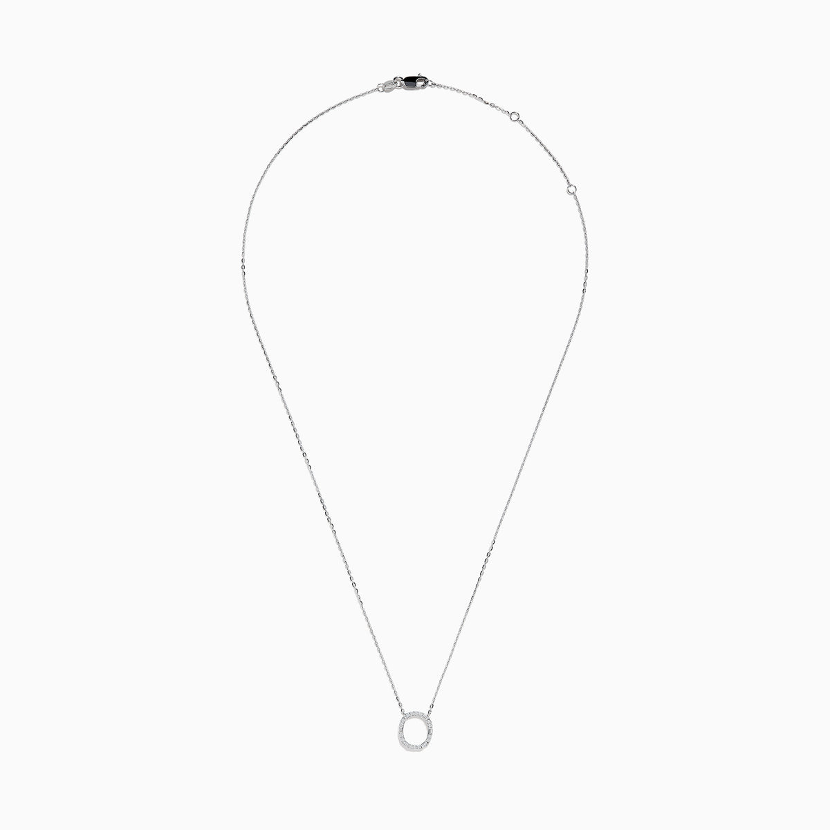 A 14K White Gold Diamond Initial O Pendant hangs delicately on a chain, featuring sparkling diamonds and displayed against a plain white background.