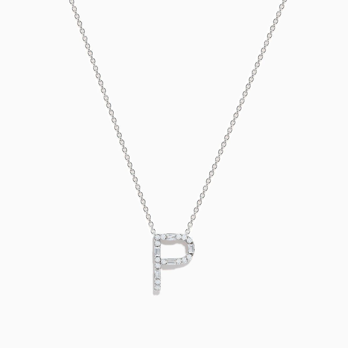 The 14K White Gold Diamond Initial P Pendant features a delicate white gold chain and sparkling stones for a stunning diamond look.