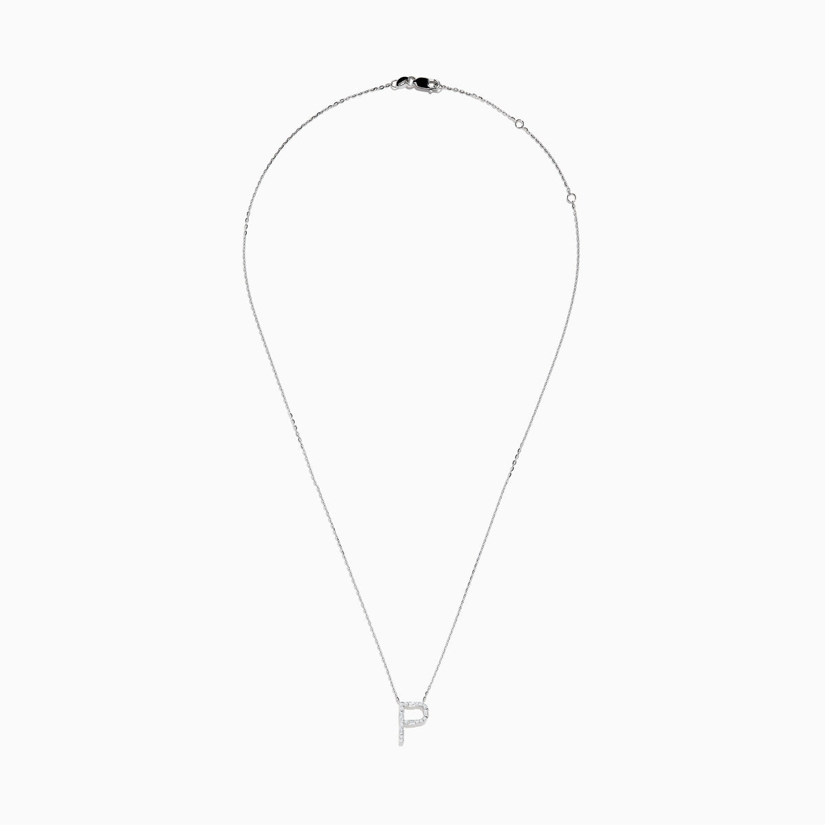The 14K White Gold Diamond Initial P Pendant features a delicate white gold chain and sparkling stones for a stunning diamond look.