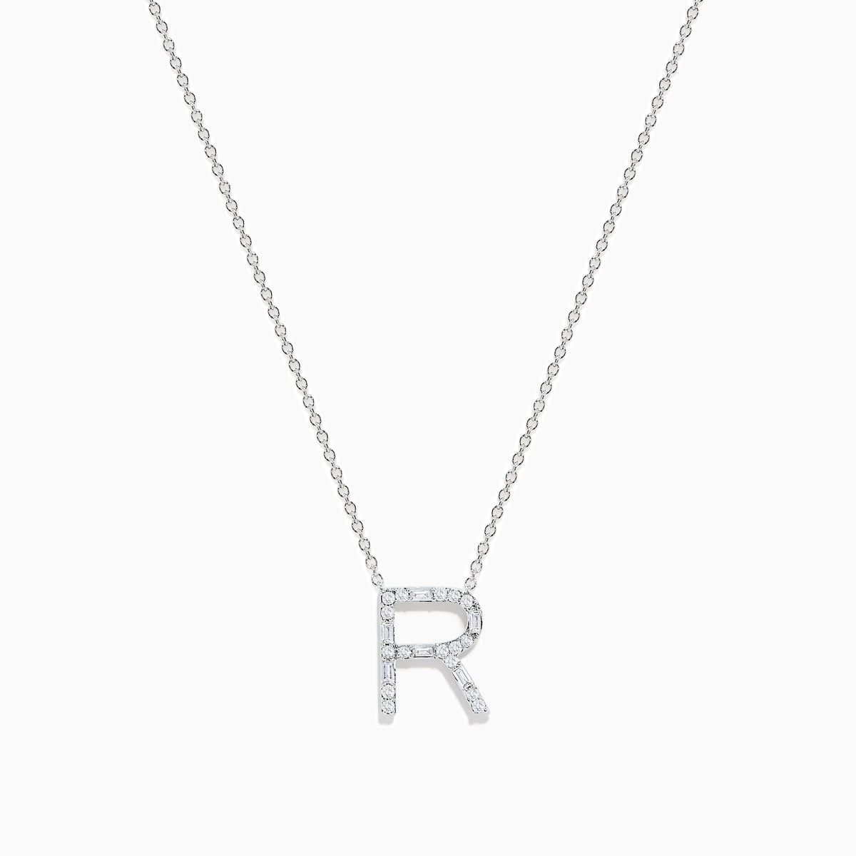 A 14K white gold Effy pendant in the shape of the letter R, set with sparkling diamonds for a refined, elegant touch.