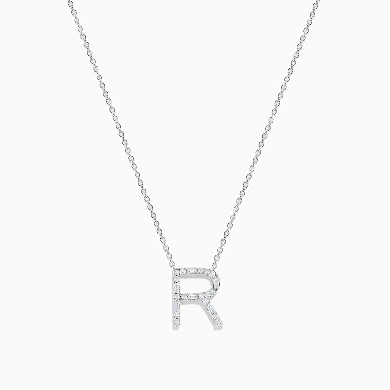 A 14K white gold Effy pendant in the shape of the letter R, set with sparkling diamonds for a refined, elegant touch.