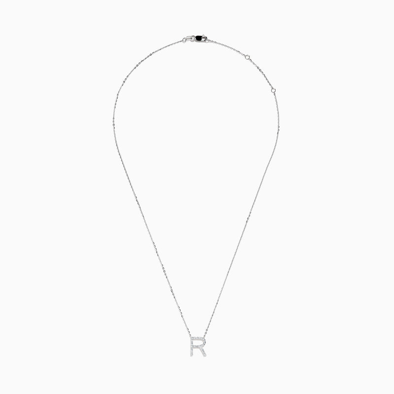 A 14K white gold Effy pendant in the shape of the letter R, set with sparkling diamonds for a refined, elegant touch.