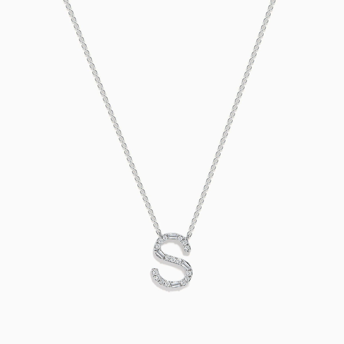 The 14 Karat White Gold Initial S Diamond Necklace features a sparkling S-shaped pendant accented with diamonds—a subtle yet stunning piece for everyday elegance.