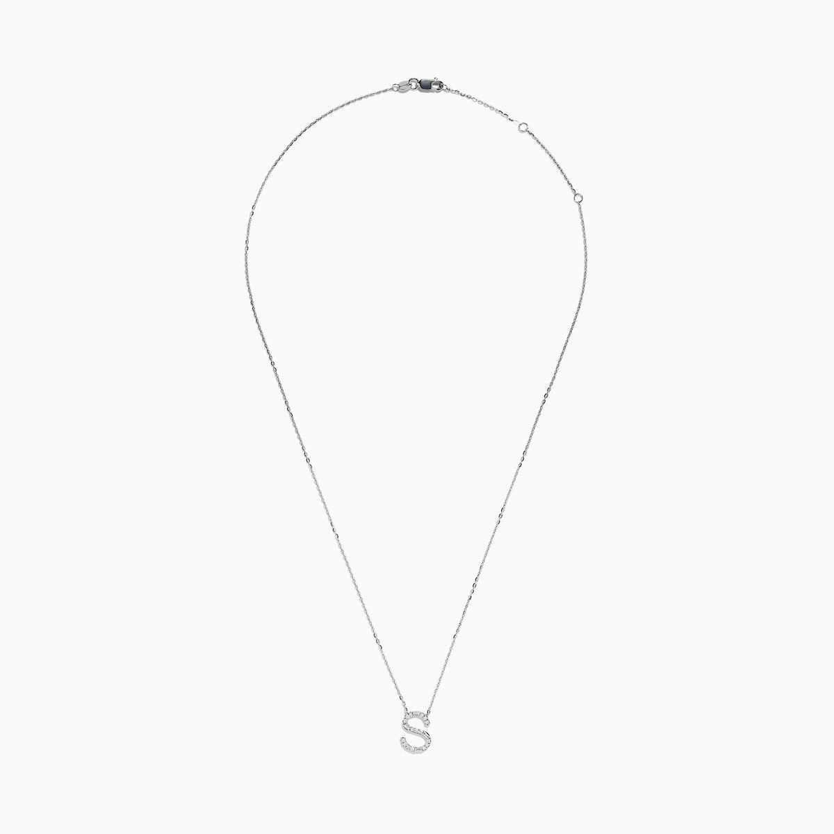 The 14 Karat White Gold Initial S Diamond Necklace features a sparkling S-shaped pendant accented with diamonds—a subtle yet stunning piece for everyday elegance.
