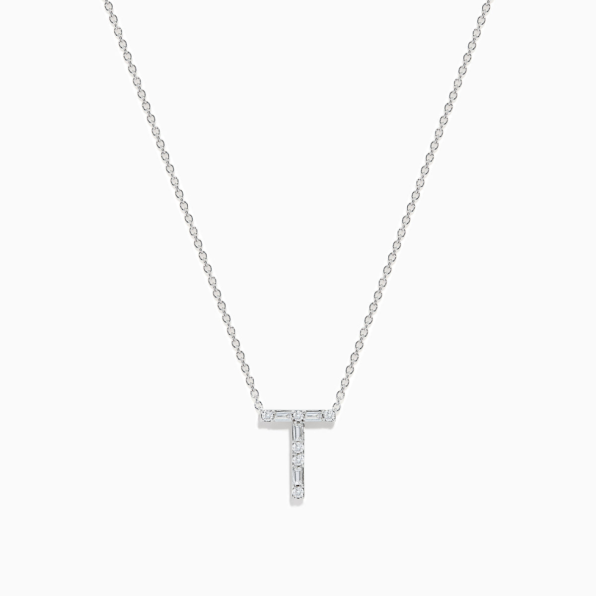 The 14K White Gold Diamond Initial T Pendant features a delicate white gold chain and sparkling diamonds, showcased against a plain white background.