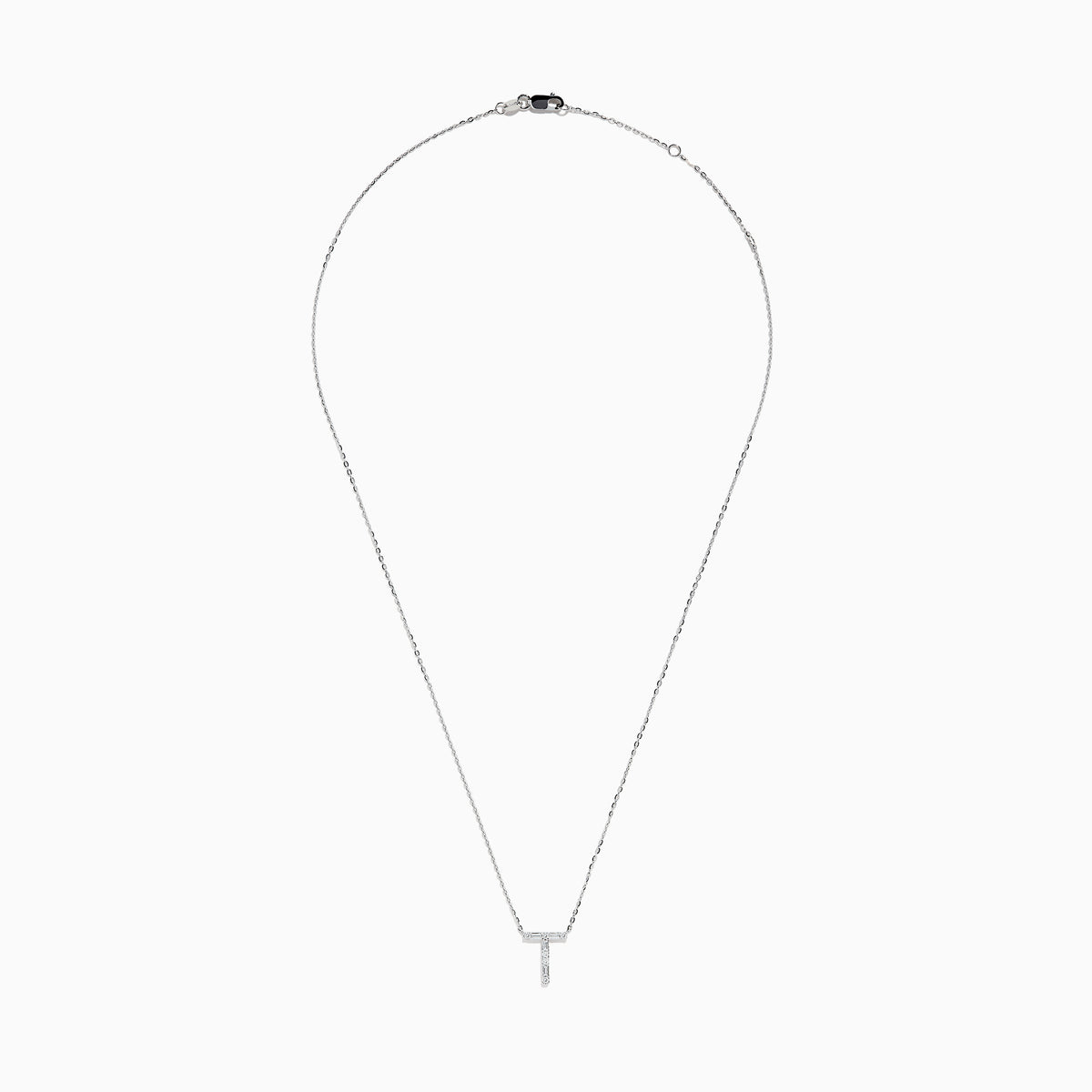 The 14K White Gold Diamond Initial T Pendant features a delicate white gold chain and sparkling diamonds, showcased against a plain white background.