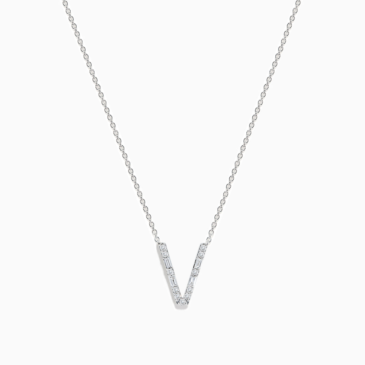 The 14K White Gold Diamond Initial V Pendant features a delicate white gold chain and sparkling diamond accents, shown on a plain white background.