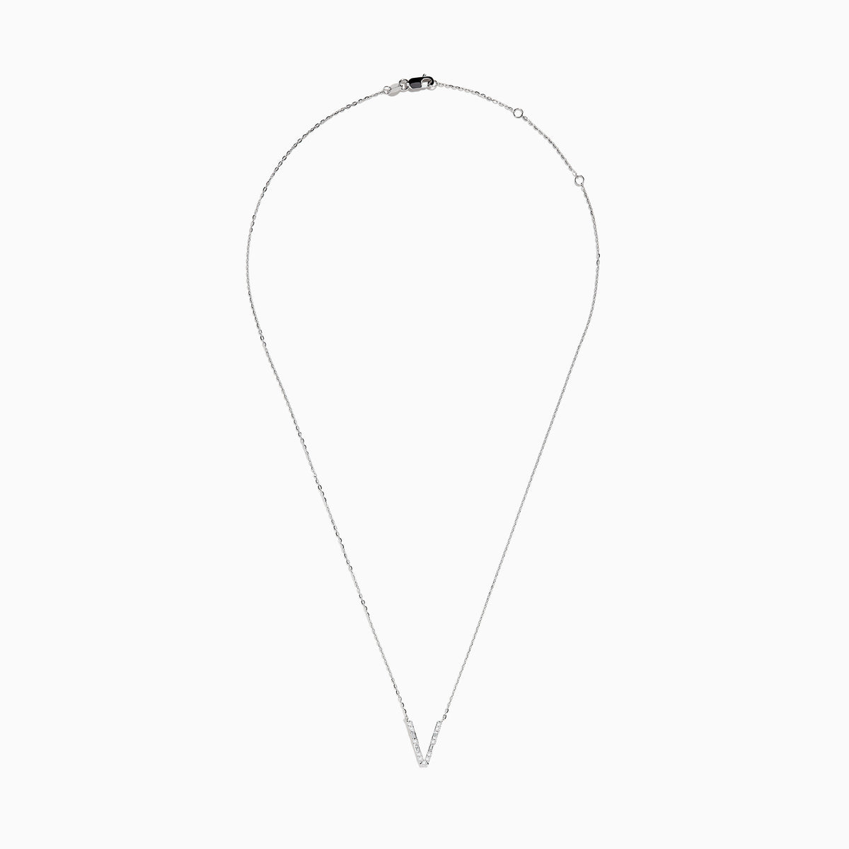 The 14K White Gold Diamond Initial V Pendant features a delicate white gold chain and sparkling diamond accents, shown on a plain white background.