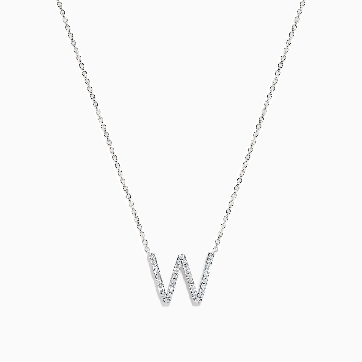 The 14K White Gold Diamond Initial W Pendant features a sparkling W adorned with diamonds, displayed on a plain white background.
