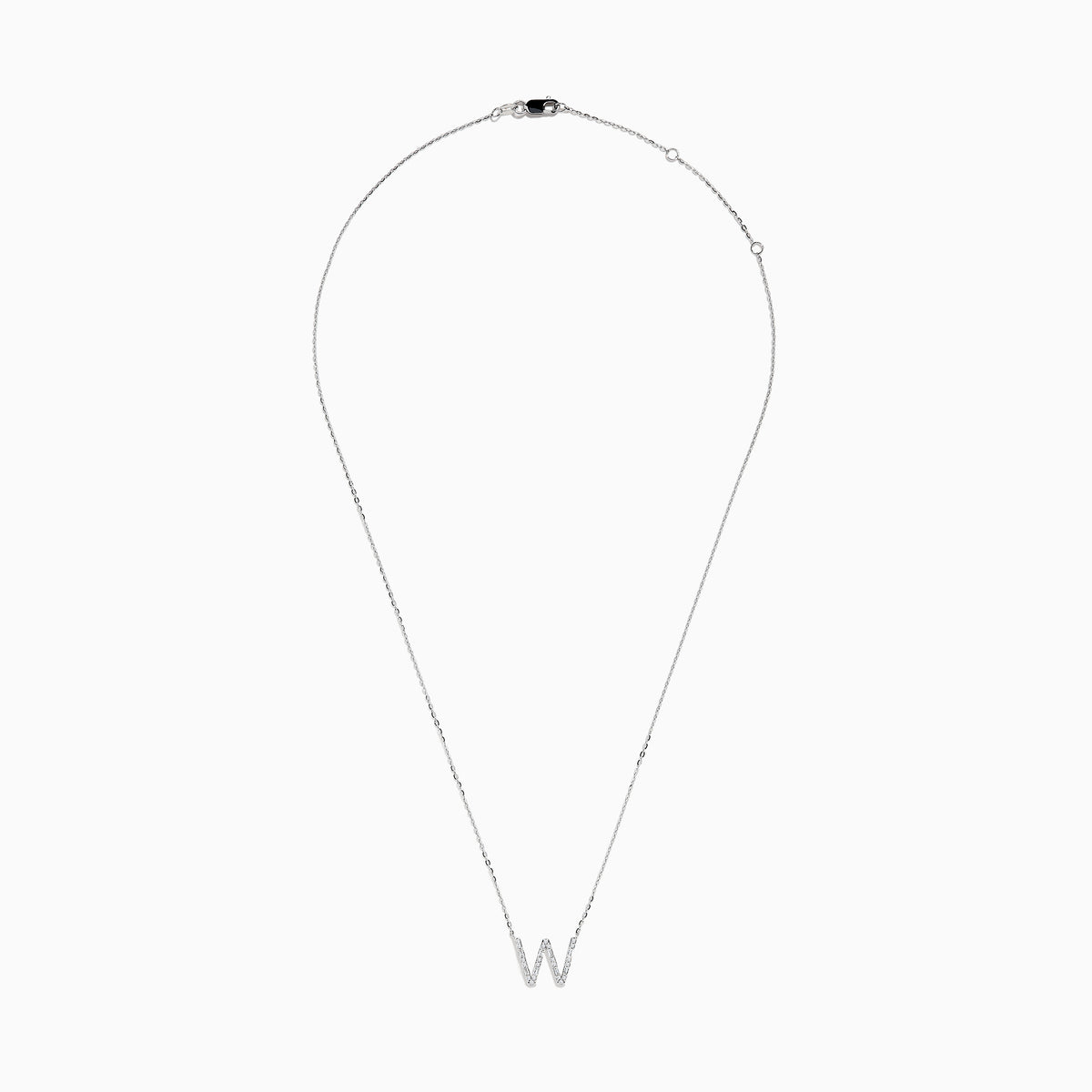 The 14K White Gold Diamond Initial W Pendant features a sparkling W adorned with diamonds, displayed on a plain white background.