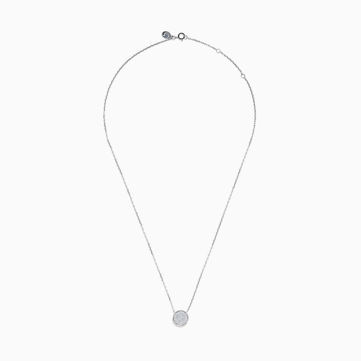 The Pave Classica 14K White Gold Diamond Disc Necklace features a round pendant encrusted with sparkling pave diamonds, elegantly displayed on a delicate white gold chain against a white background.