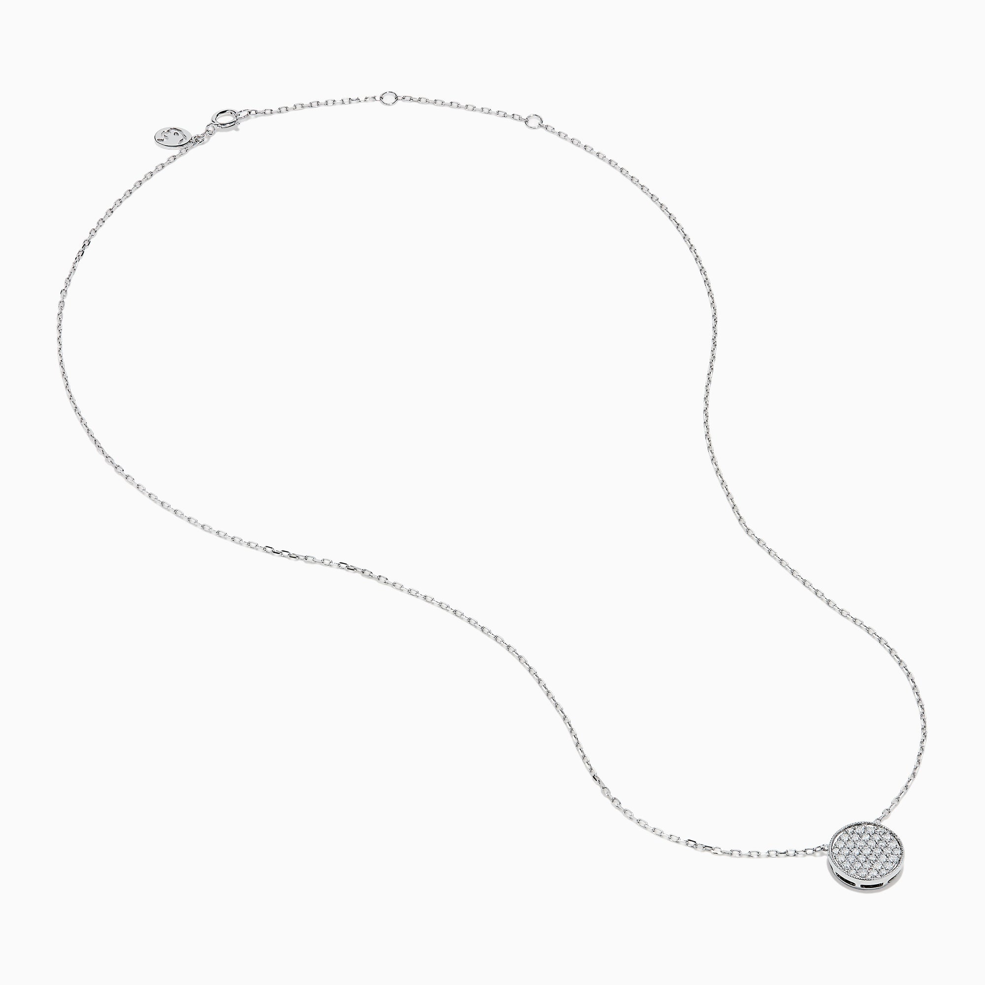 The Pave Classica 14K White Gold Diamond Disc Necklace features a round pendant encrusted with sparkling pave diamonds, elegantly displayed on a delicate white gold chain against a white background.