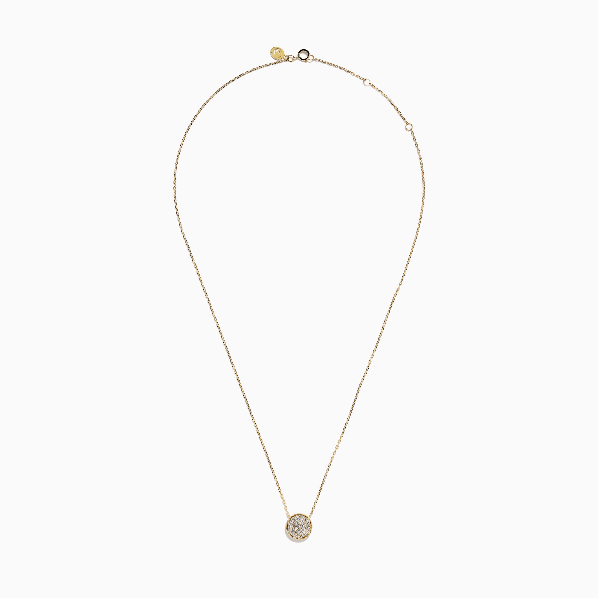 The D'Oro 14K Yellow Gold Diamond Disc Necklace features a dazzling round pendant set with sparkling diamonds, making it a stunning addition to your diamond necklace collection.
