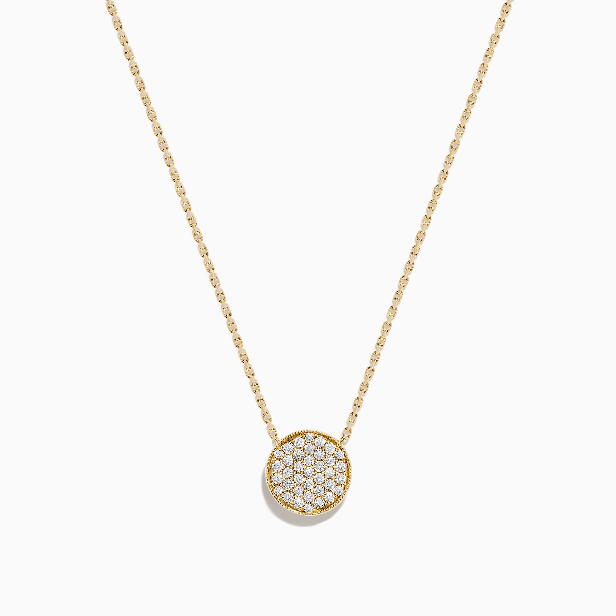 The D'Oro 14K Yellow Gold Diamond Disc Necklace features a dazzling round pendant set with sparkling diamonds, making it a stunning addition to your diamond necklace collection.
