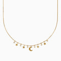 The Novelty 14K Yellow Gold Diamond Moon and Stars Necklace features five star charms, a central crescent moon, and three diamond accents on a fine gold chain, displayed against a white background.