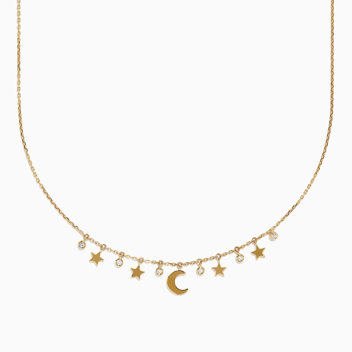 The Novelty 14K Yellow Gold Diamond Moon and Stars Necklace features five star charms, a central crescent moon, and three diamond accents on a fine gold chain, displayed against a white background.