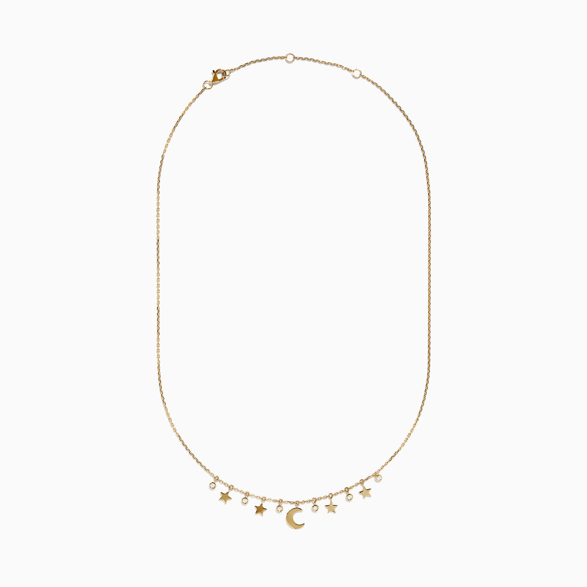 The Novelty 14K Yellow Gold Diamond Moon and Stars Necklace features five star charms, a central crescent moon, and three diamond accents on a fine gold chain, displayed against a white background.