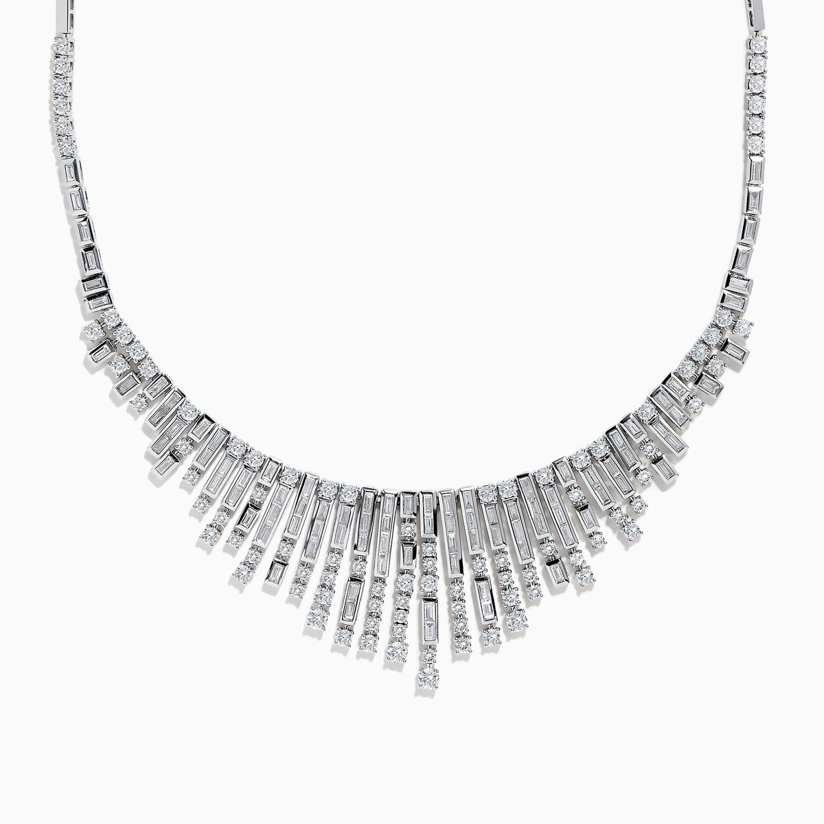 The 14K White Gold Diamond Fringe Necklace features a fan-like design with vertical bars accented by round and rectangular diamonds, creating an elegant, radiant look.