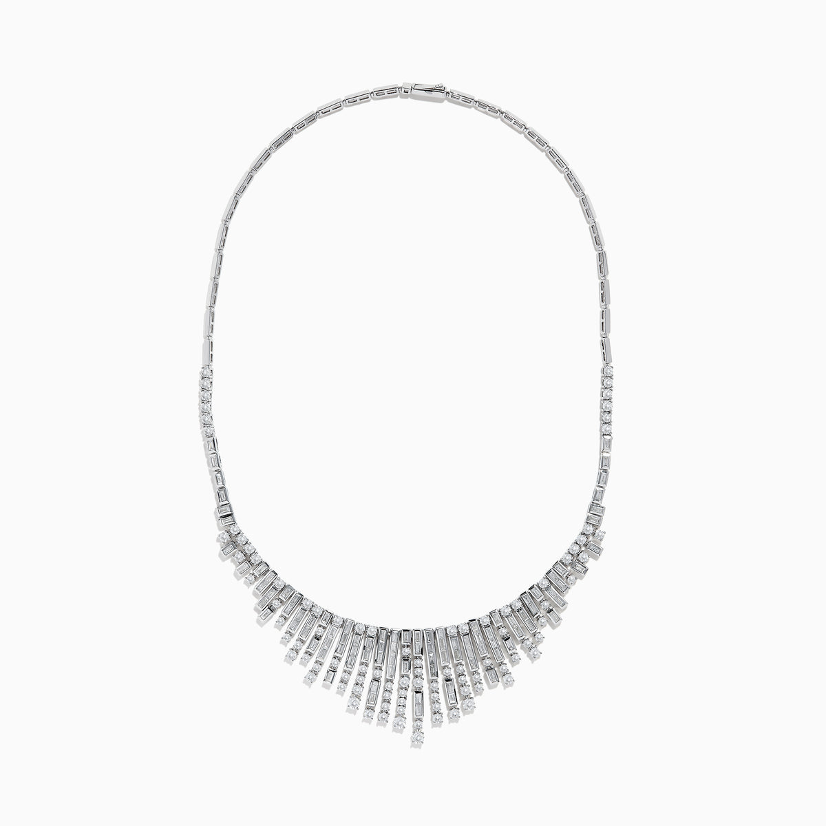 The 14K White Gold Diamond Fringe Necklace features a fan-like design with vertical bars accented by round and rectangular diamonds, creating an elegant, radiant look.