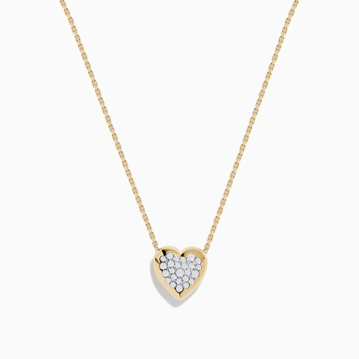The 14K Yellow Gold Diamond Pave Heart Necklace features a delicate gold chain and a heart-shaped pendant accented with sparkling white diamonds at the center.