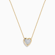 The 14K Yellow Gold Diamond Pave Heart Necklace features a delicate gold chain and a heart-shaped pendant accented with sparkling white diamonds at the center.