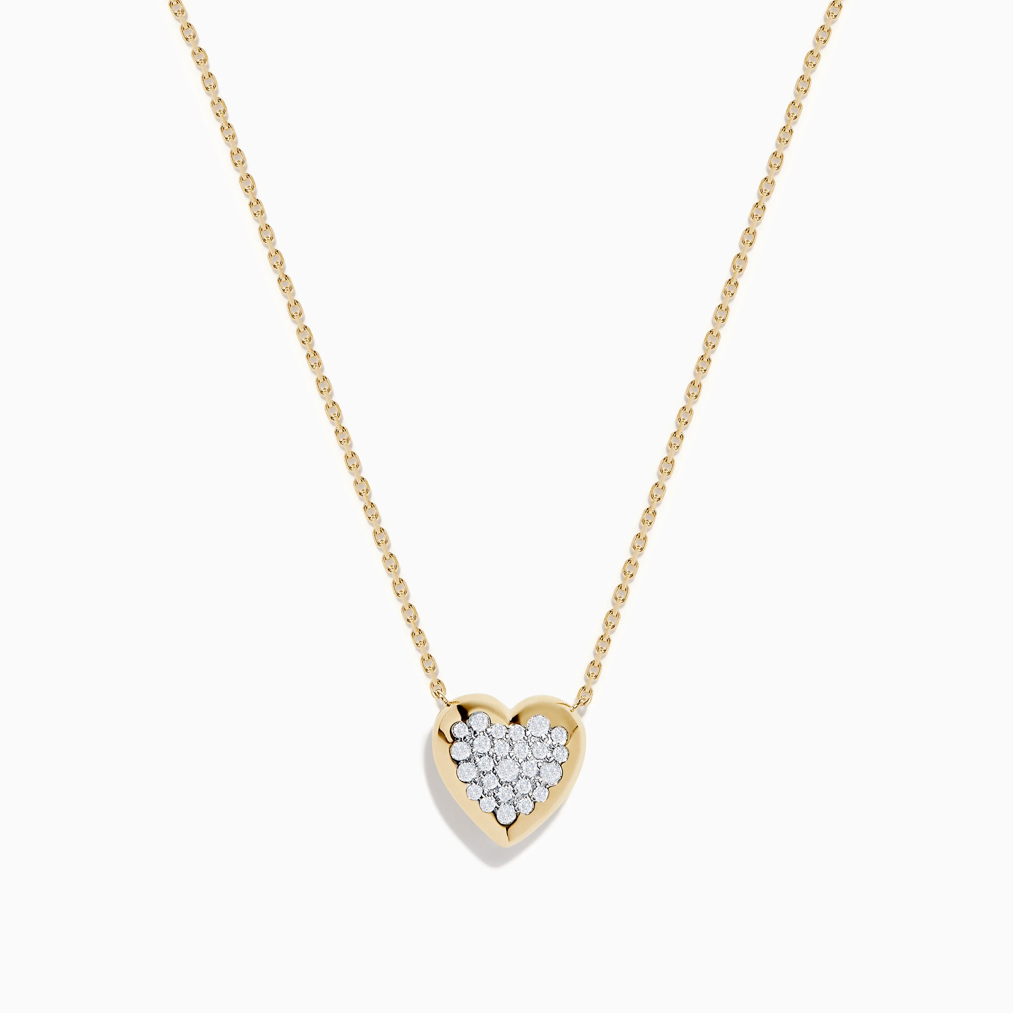 The 14K Yellow Gold Diamond Pave Heart Necklace features a delicate gold chain and a heart-shaped pendant accented with sparkling white diamonds at the center.