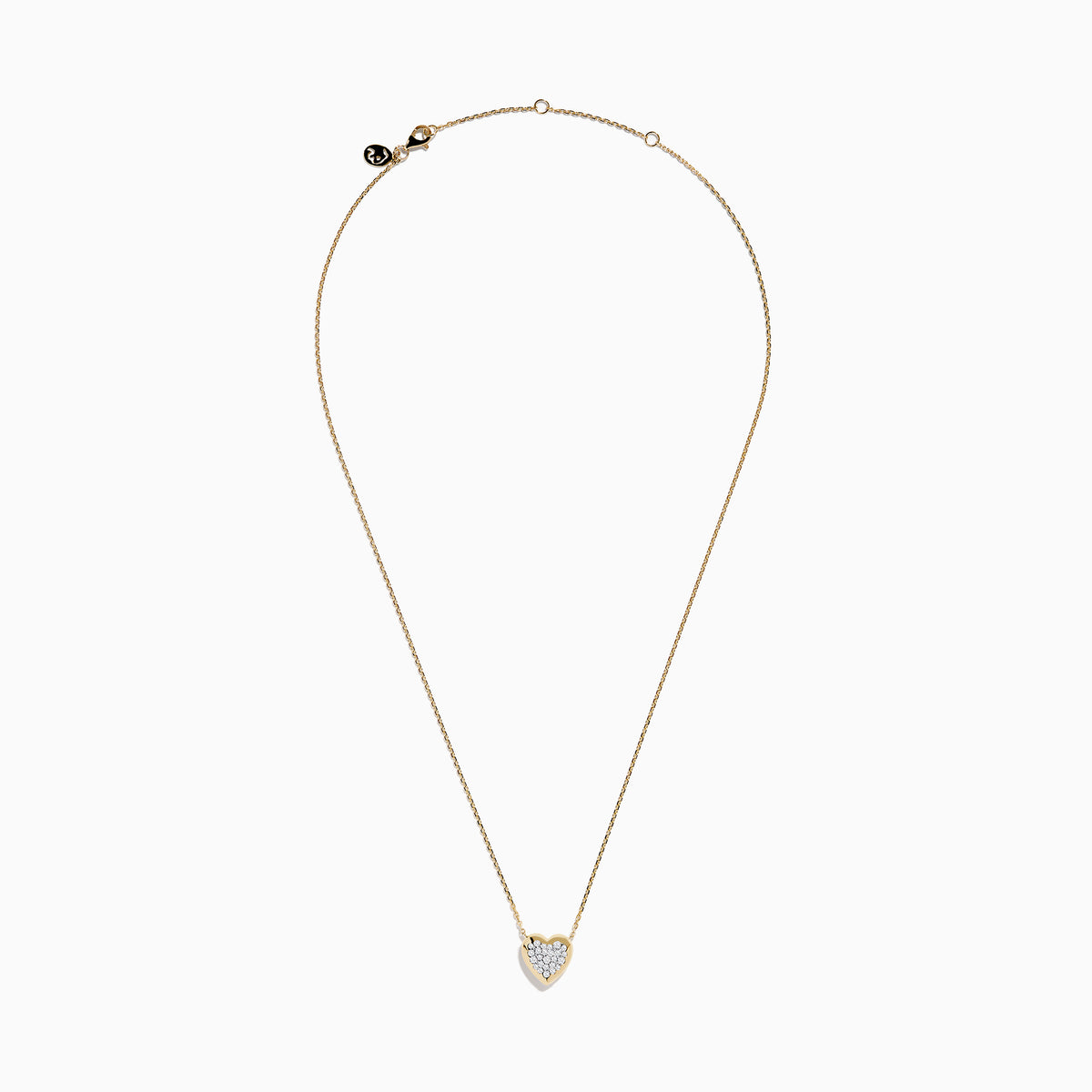 The 14K Yellow Gold Diamond Pave Heart Necklace features a delicate gold chain and a heart-shaped pendant accented with sparkling white diamonds at the center.