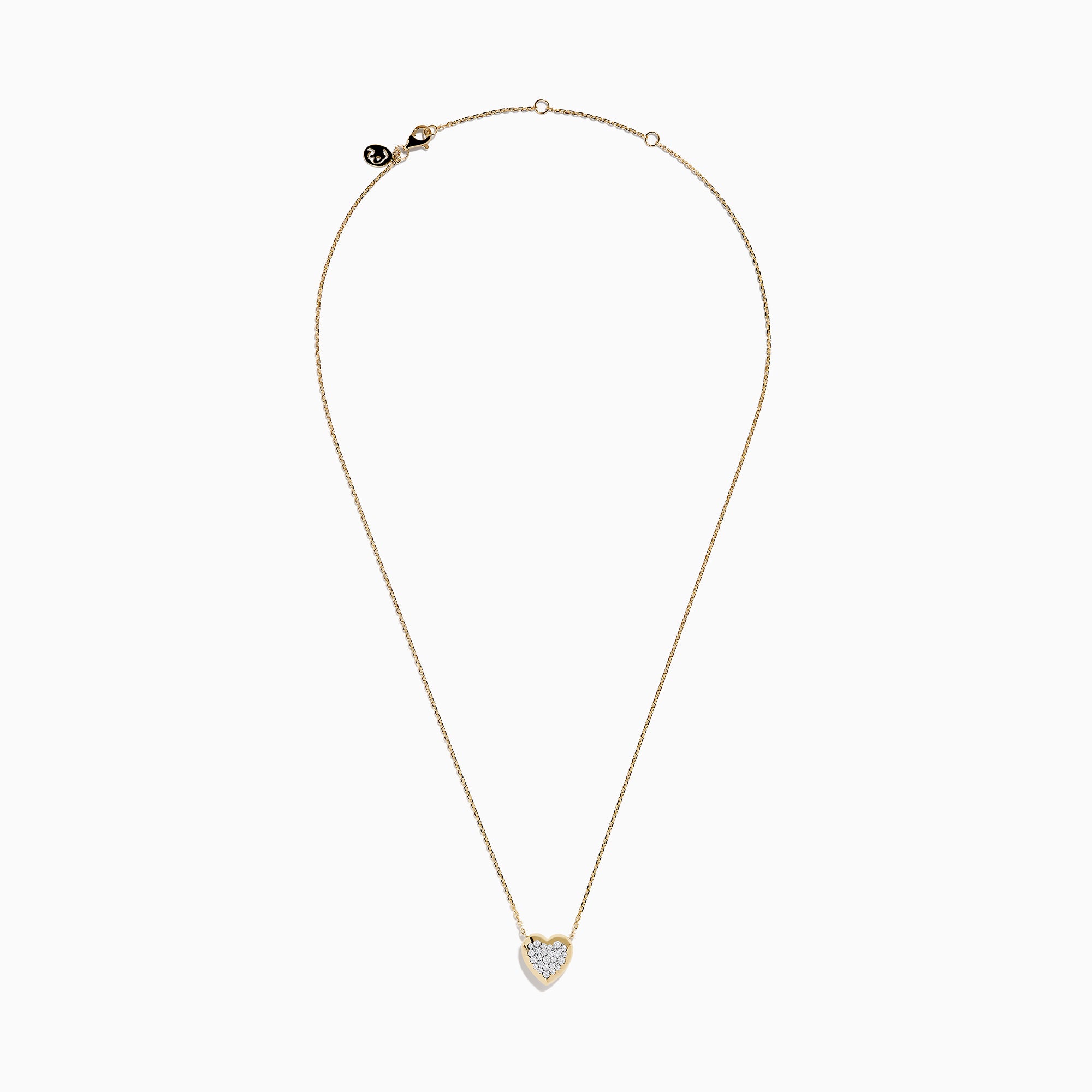The 14K Yellow Gold Diamond Pave Heart Necklace features a delicate gold chain and a heart-shaped pendant accented with sparkling white diamonds at the center.