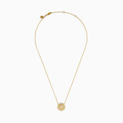 The Seaside 14K Yellow Gold White and Black Diamond Turtle Necklace features a round pendant with a turtle design outlined in sparkling white stones and an accented edge, perfect for adding everyday elegance.