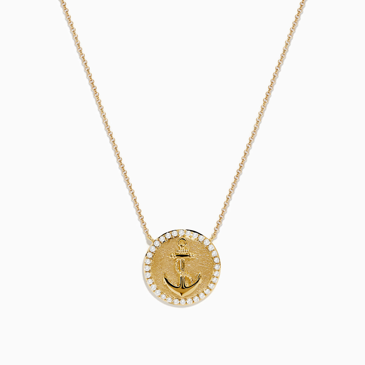 The Seaside 14K Yellow Gold Diamond Anchor Necklace features a round pendant with an anchor design, accented by sparkling diamonds and set on a fine, elegant chain.