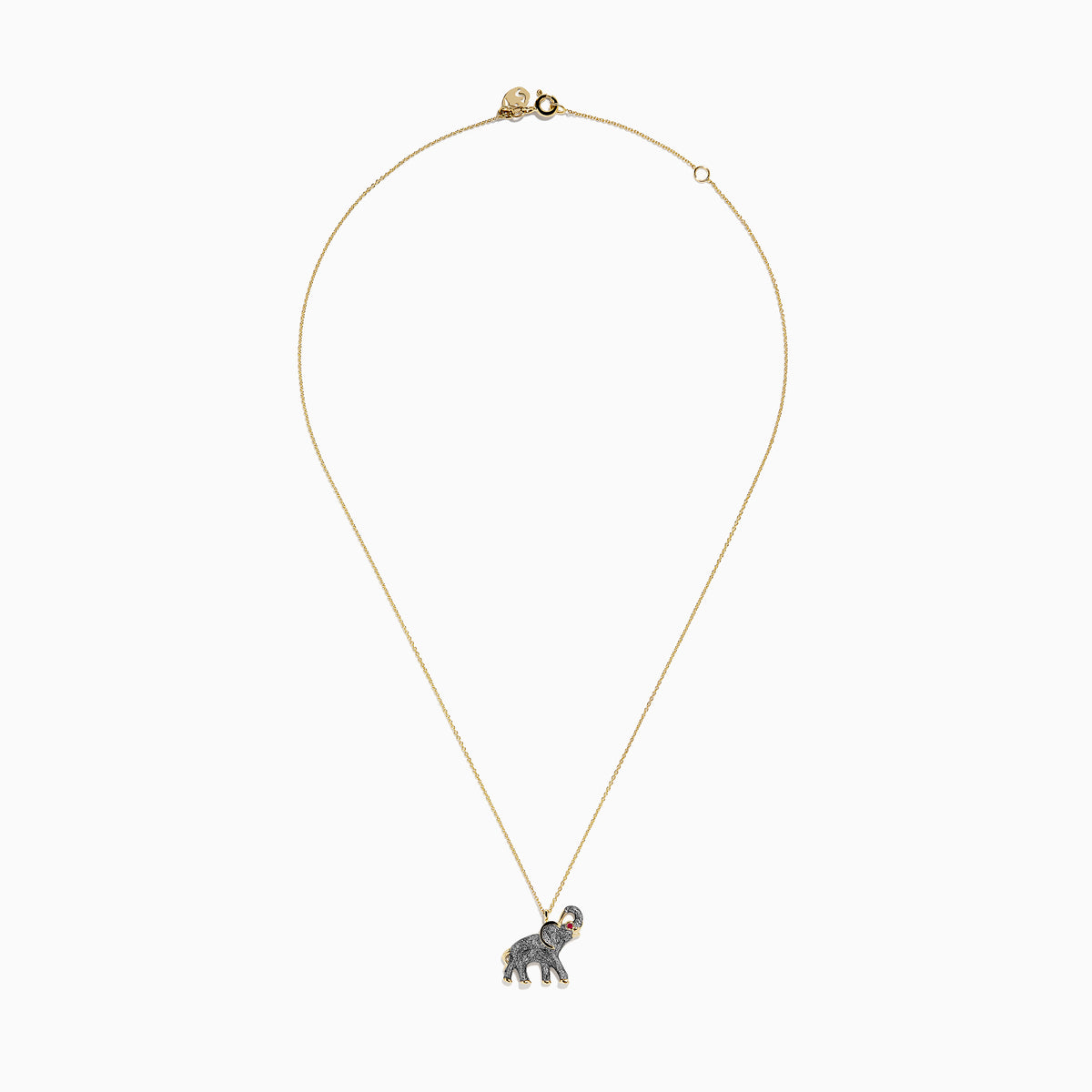 The 14K Yellow Gold Enamel Elephant Necklace features a yellow gold chain and an elephant pendant with a textured dark gray enamel body, gold accents, and a small red gemstone eye.