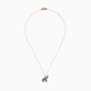 The 14K Yellow Gold Enamel Elephant Necklace features a yellow gold chain and an elephant pendant with a textured dark gray enamel body, gold accents, and a small red gemstone eye.