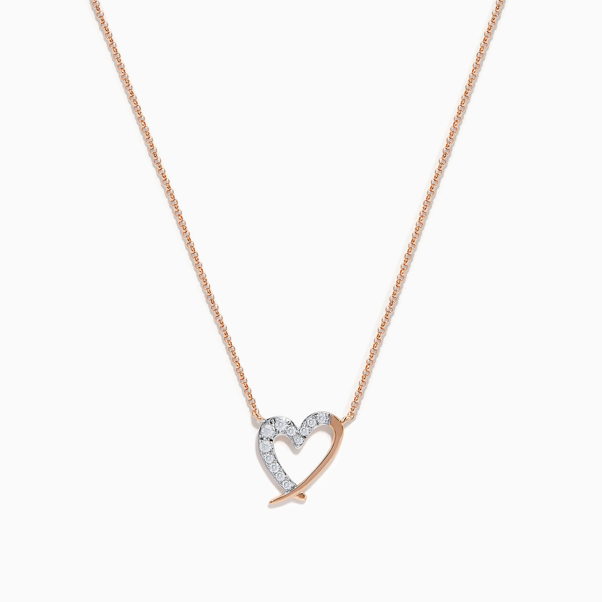 The 14K Rose Gold Diamond Open Heart Necklace features a heart-shaped pendant half encrusted with diamonds, suspended from a fine chain and displayed on a plain white background.