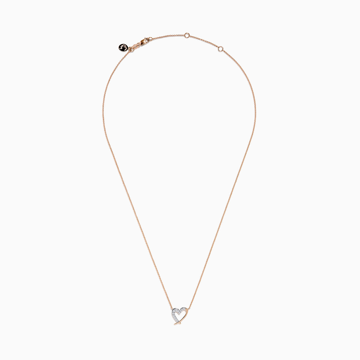 The 14K Rose Gold Diamond Open Heart Necklace features a heart-shaped pendant half encrusted with diamonds, suspended from a fine chain and displayed on a plain white background.