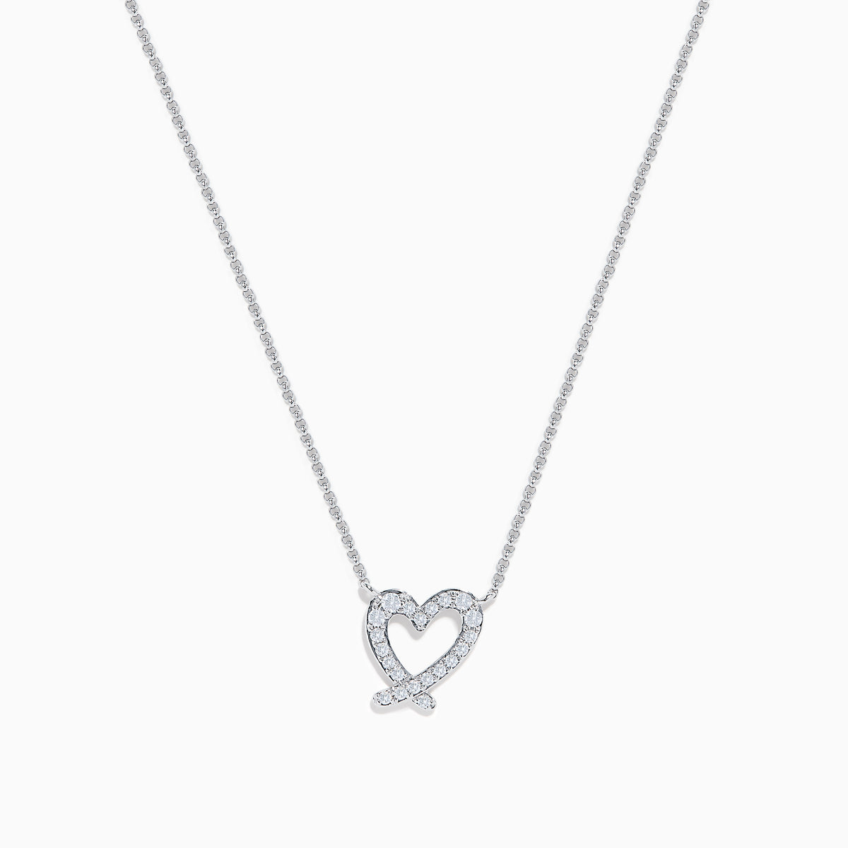 The 14K White Gold Diamond Open Heart Necklace showcases a heart-shaped pendant adorned with diamonds, elegantly suspended from a fine chain against a white background.