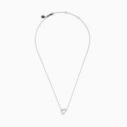 The 14K White Gold Diamond Open Heart Necklace showcases a heart-shaped pendant adorned with diamonds, elegantly suspended from a fine chain against a white background.
