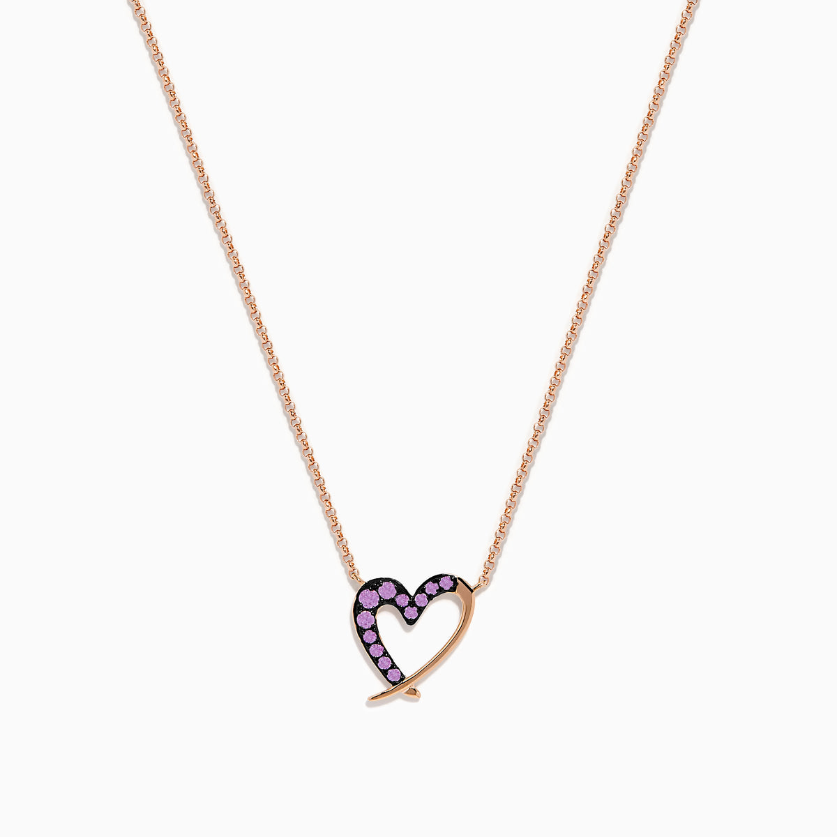 The 14K Rose Gold Pink Sapphire Open Heart Necklace features a delicate heart design, half adorned with sparkling pink sapphires, hanging gracefully from a fine chain for a romantic touch.