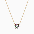 The Watercolors 14K Yellow Gold Multi Sapphire Open Heart Necklace features a heart-shaped pendant outlined with multicolored sapphires, shown against a white background.