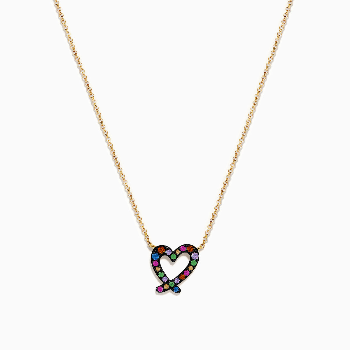 The Watercolors 14K Yellow Gold Multi Sapphire Open Heart Necklace features a heart-shaped pendant outlined with multicolored sapphires, shown against a white background.
