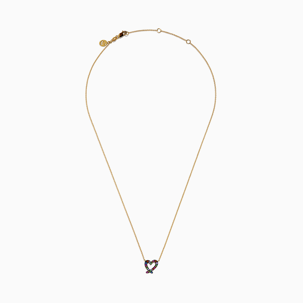 The Watercolors 14K Yellow Gold Multi Sapphire Open Heart Necklace features a heart-shaped pendant outlined with multicolored sapphires, shown against a white background.