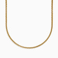 A close-up of the Mens 14K Yellow Gold Round Box Chain Necklace, 22, displayed on a white background, highlights its fine interlocking links and gentle U-shaped curve.