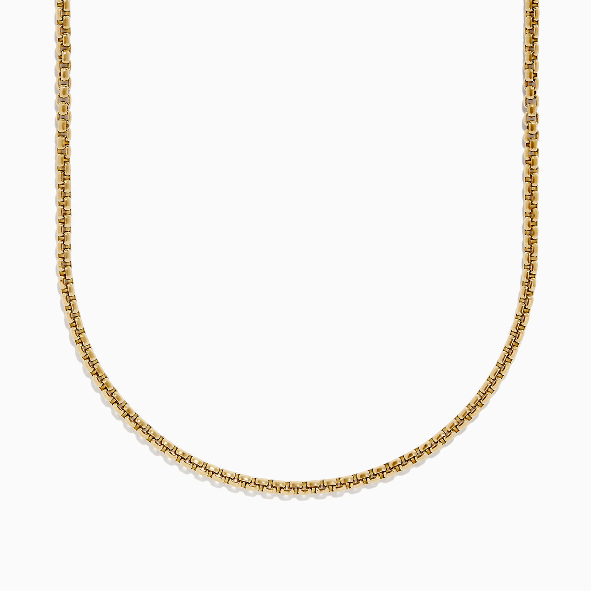 A close-up of the Mens 14K Yellow Gold Round Box Chain Necklace, 22, displayed on a white background, highlights its fine interlocking links and gentle U-shaped curve.