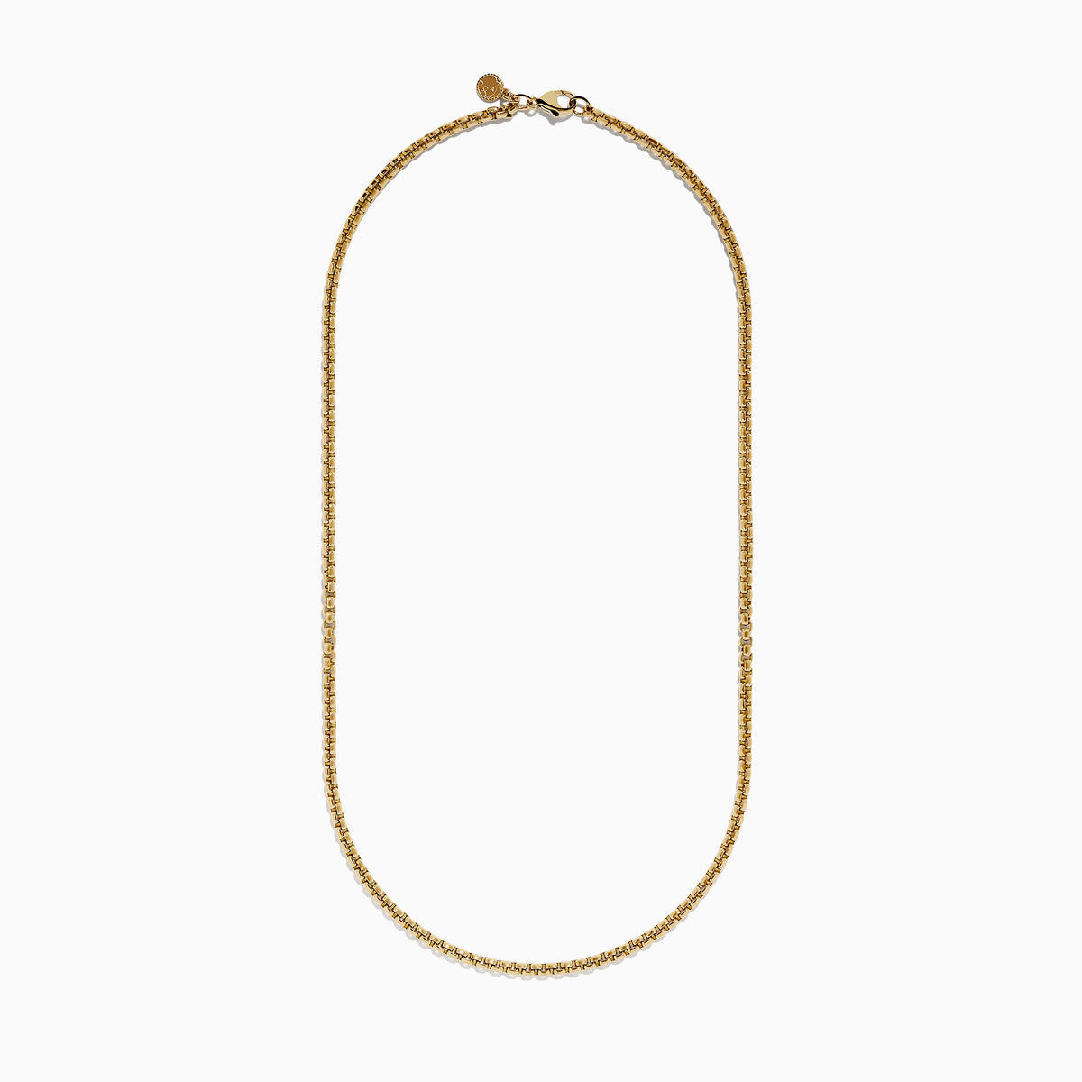 A close-up of the Mens 14K Yellow Gold Round Box Chain Necklace, 22, displayed on a white background, highlights its fine interlocking links and gentle U-shaped curve.