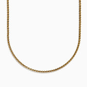A Mens 14K Yellow Gold Venetian Box Chain Necklace, 22, is shown on a white background in a U-shape. It features small, square links and a polished, reflective finish.